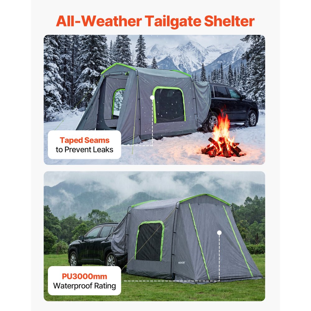 VEVOR Large SUV Tent for 5–9 Person, 3.23 x 2.44m All-Season SUV Tailgate Tent with Ventilated Door & Mesh Windows, PU3000mm Waterproof Dual-Use Car Rear Hatch Tents for Outdoor Camping Hiking