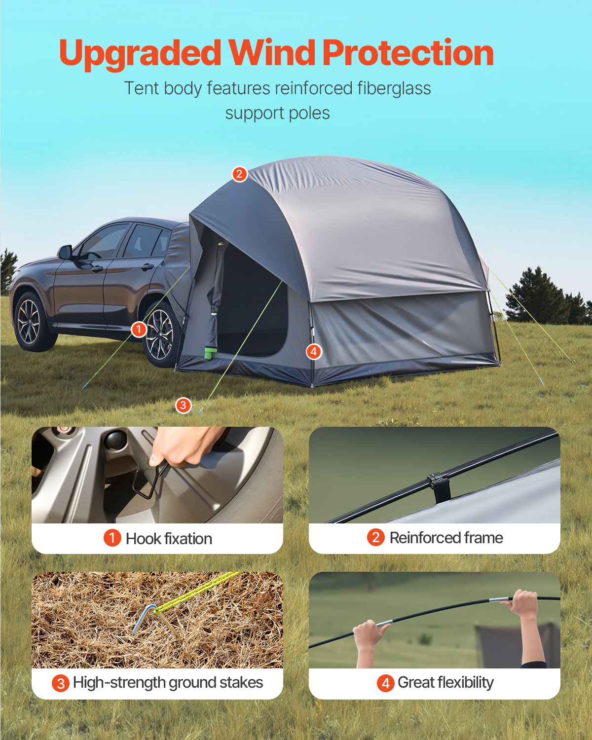 VEVOR SUV Tent for Camping, 2.4 x 2.4m, Waterproof PU2000mm Spacious Double Layer Design for 5-8 Person, SUV Camping Tent with Mesh Windows, Includes Rainfly & Storage Bag, for Outdoor Activities