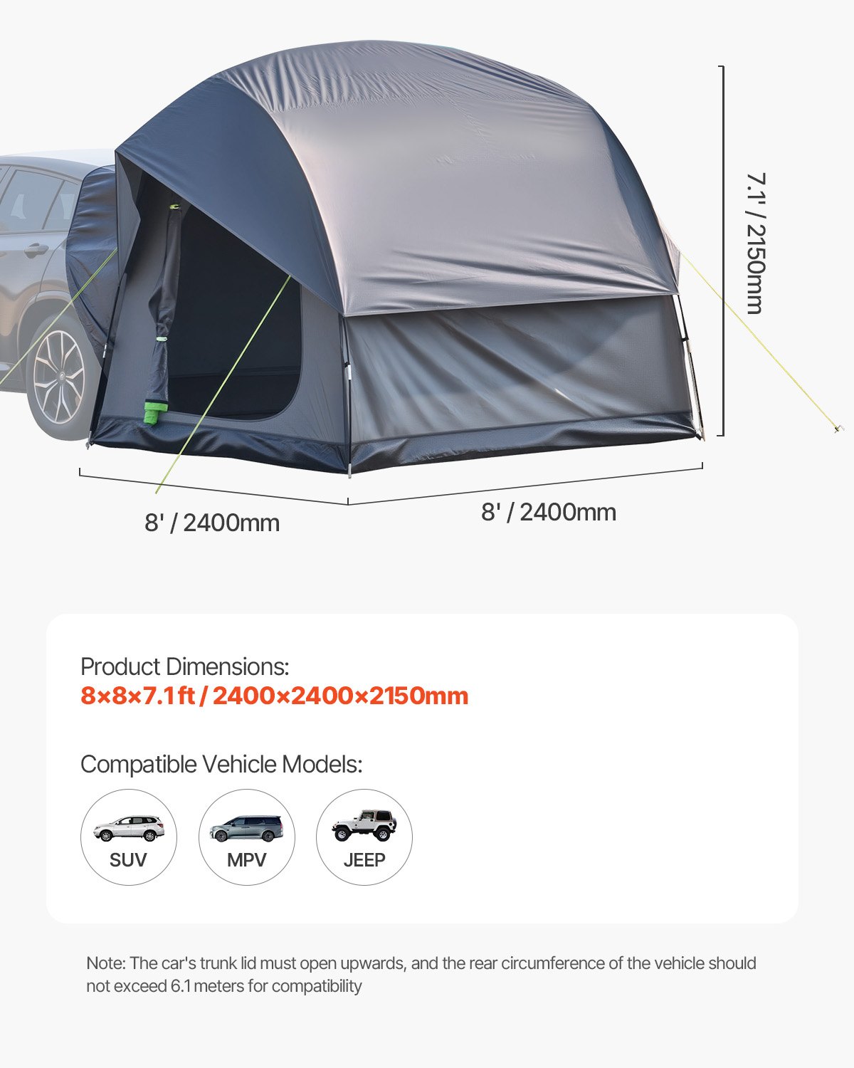 VEVOR SUV Tent for Camping, 8FT L x 8FT W, Waterproof PU2000mm Spacious Double Layer Design for 5-8 Person, SUV Camping Tent with Mesh Windows, Includes Rainfly & Storage Bag, for Outdoor Activities