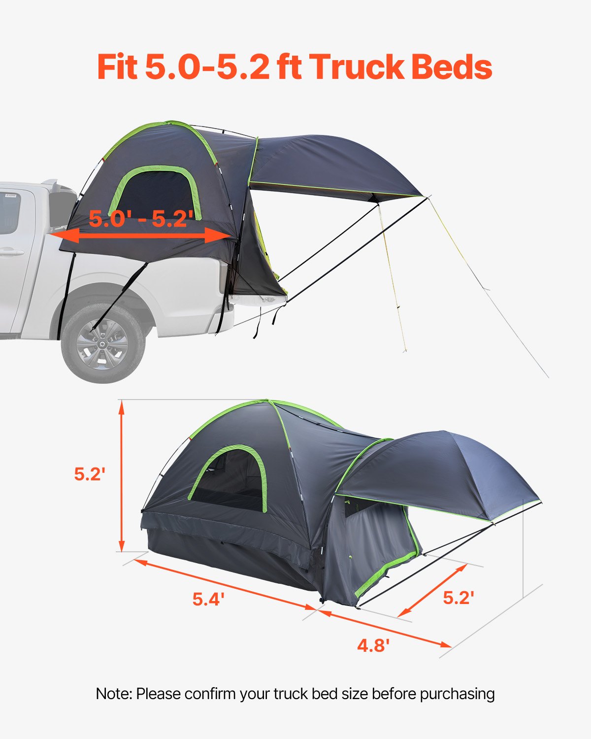 VEVOR Pickup Truck Tent, Fits 1524-1585 mm Truck Tents for Camping, Waterproof PU2000 mm 2-3 Person Sleeping Truck Bed Tent, Sturdy Truck Bed Camper Shell with Expandable Awning, Rainfly, Storage Bag