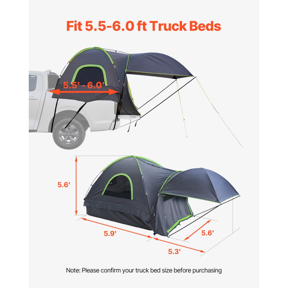 VEVOR Pickup Truck Tent, Fits 5.5-6.0 ft Truck Tents for Camping, Waterproof PU2000 mm 2-3 Person Sleeping Truck Bed Tent, Sturdy Truck Bed Camper Shell with Expandable Awning, Rainfly, Storage Bag
