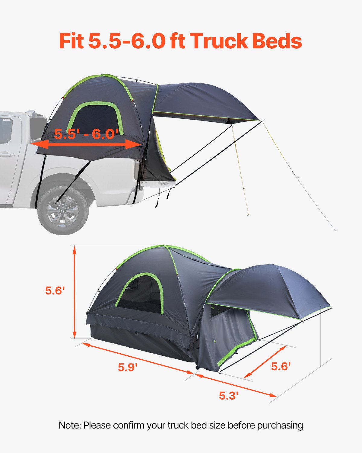 VEVOR Pickup Truck Tent, Fits 5.5-6.0 ft Truck Tents for Camping, Waterproof PU2000 mm 2-3 Person Sleeping Truck Bed Tent, Sturdy Truck Bed Camper Shell with Expandable Awning, Rainfly, Storage Bag