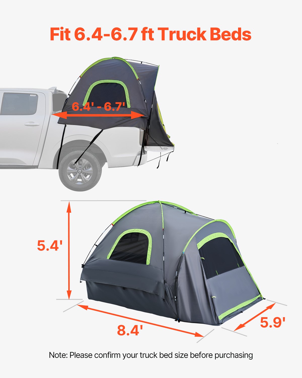 VEVOR Pickup Truck Tent, Fit 6.4-6.7 ft Truck Tents for Camping, Waterproof PU2000 2-3 Person Sleeping Truck Bed Tent with Double Layer Design Windows, Sturdy Truck Bed Camper Shell with Storage Bag
