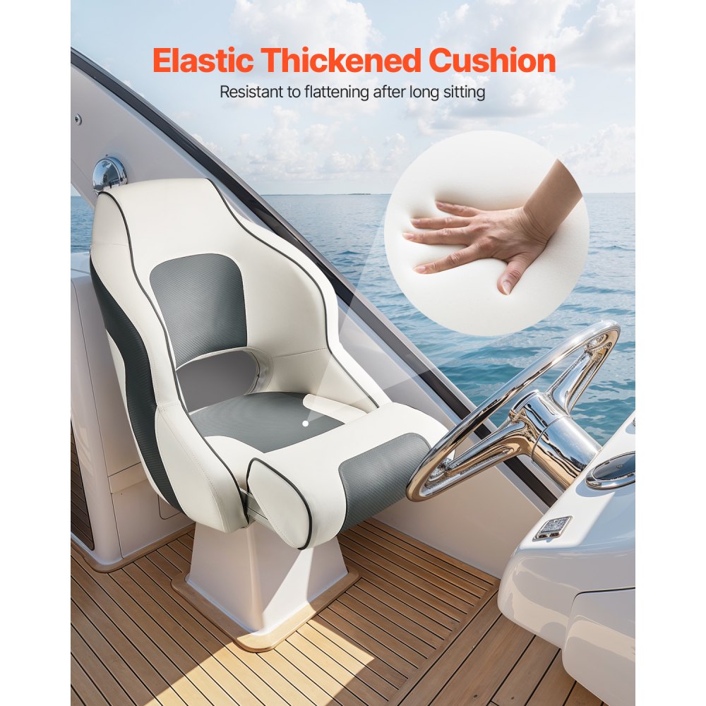 VEVOR Boat Seat, High Backrest, Flip Up Boat Seat Captain Bucket Seat with Thickened Sponge Cushion & Waterproof PVC Leather, Ergonomic Design, Folding Boat Seat for Boats, Yachts, Ships, White & Grey
