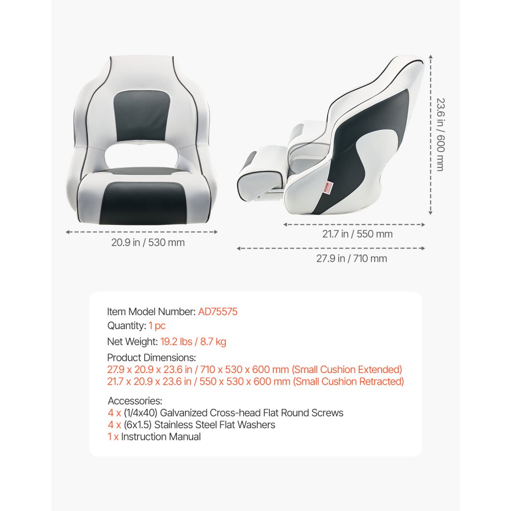 VEVOR Boat Seat, High Backrest, Flip Up Boat Seat Captain Bucket Seat with Thickened Sponge Cushion & Waterproof PVC Leather, Ergonomic Design, Folding Boat Seat for Boats, Yachts, Ships, White & Grey