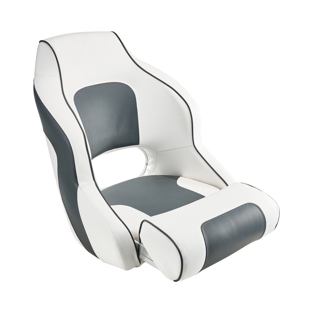 VEVOR Boat Seat, High Backrest, Flip Up Boat Seat Captain Bucket Seat with Thickened Sponge Cushion & Waterproof PVC Leather, Ergonomic Design, Folding Boat Seat for Boats, Yachts, Ships, White & Grey