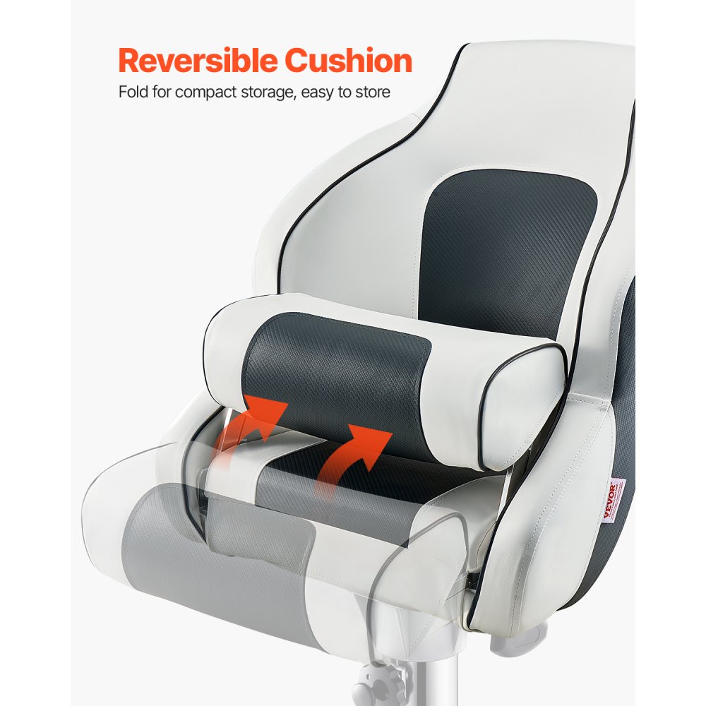 VEVOR Boat Seat, High Backrest, Flip Up Boat Seat Captain Bucket Seat with Thickened Sponge Cushion & Waterproof PVC Leather, Ergonomic Design, Folding Boat Seat for Boats, Yachts, Ships, White & Grey