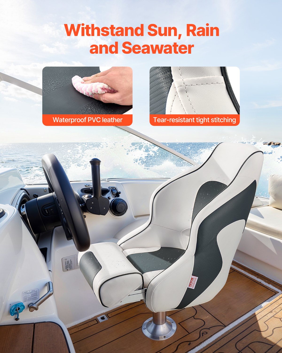 VEVOR Boat Seat, High Backrest, Flip Up Boat Seat Captain Bucket Seat with Thickened Sponge Cushion & Waterproof PVC Leather, Ergonomic Design, Folding Boat Seat for Boats, Yachts, Ships, White & Grey