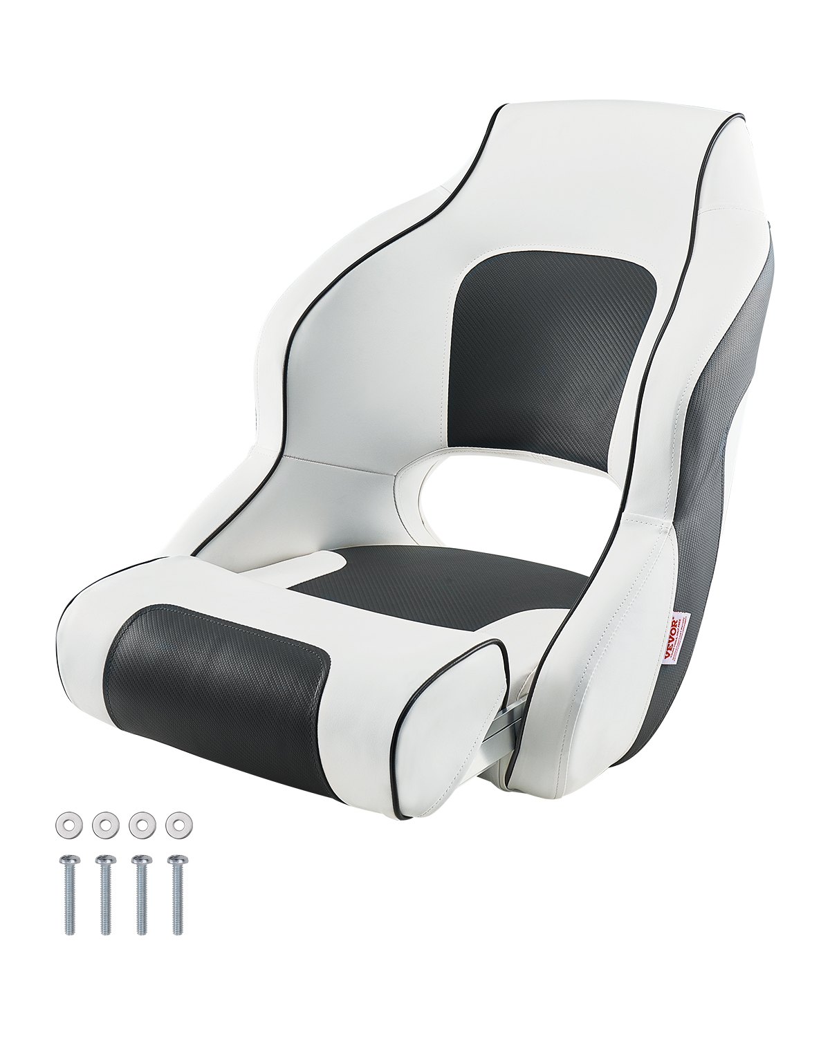 VEVOR Boat Seat, High Backrest, Flip Up Boat Seat Captain Bucket Seat with Thickened Sponge Cushion & Waterproof PVC Leather, Ergonomic Design, Folding Boat Seat for Boats, Yachts, Ships, White & Grey
