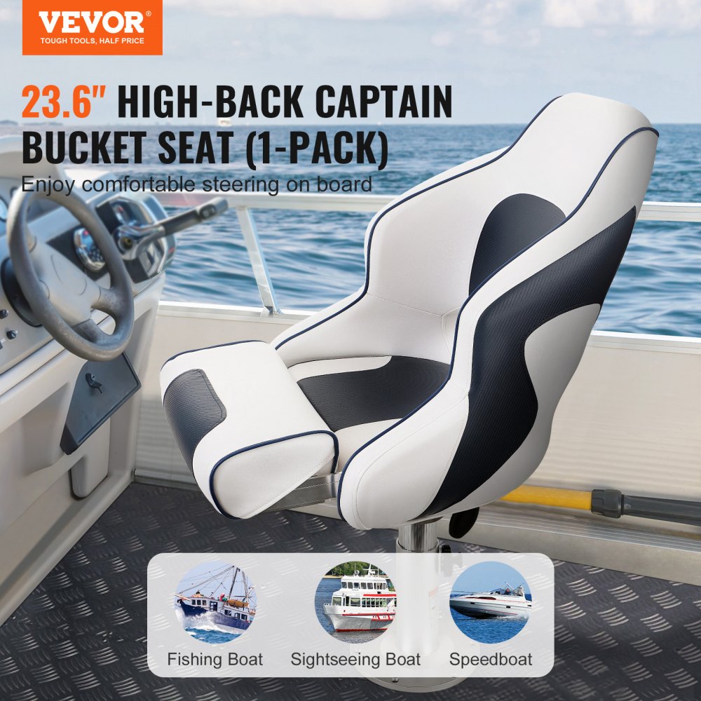VEVOR Captain Bucket Seat Boat Seat, Flip Up Boat Seat, with Thickened Sponge Padding, Flip-up Bolster Boat Captain Chair for Fishing Boat, Sightseeing Boat, Speedboat, Canoe, 1-Piece
