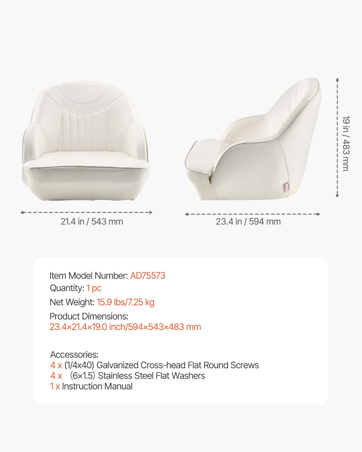 VEVOR Boat Seat, Low Backrest, Boat Seat Captain Bucket Seat with Thickened Sponge Cushion & Waterproof PVC Leather, Ergonomic Design, Suitable for Fishing Boats, Yachts, Ships, White