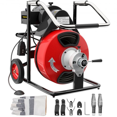VEVOR Drain Cleaner Machine 100FT x 1/2 Inch Auto Feed 550W Electric Drain Auger Fits 1 to 4 Inch Pipes, Sewer Snake Drill Machine with Wheels, Cutters, and Foot Switch, Portable Drain Cleaner Plumber