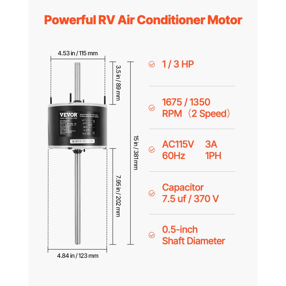 VEVOR 1/3HP RV Air Conditioner Motor with Capacitor, AC115V 3A, 1675 RPM, Replacement for Coleman Mach RV AC Fan Motor, Replaces Fasco D1092, 1468-306, 1468-3068, 1468-3069, 7184-0156, 7184-0432