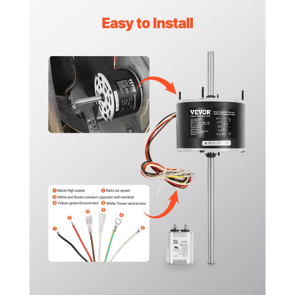 VEVOR 1/3HP RV Air Conditioner Motor with Capacitor, AC115V 3A, 1675 RPM, Replacement for Coleman Mach RV AC Fan Motor, Replaces Fasco D1092, 1468-306, 1468-3068, 1468-3069, 7184-0156, 7184-0432
