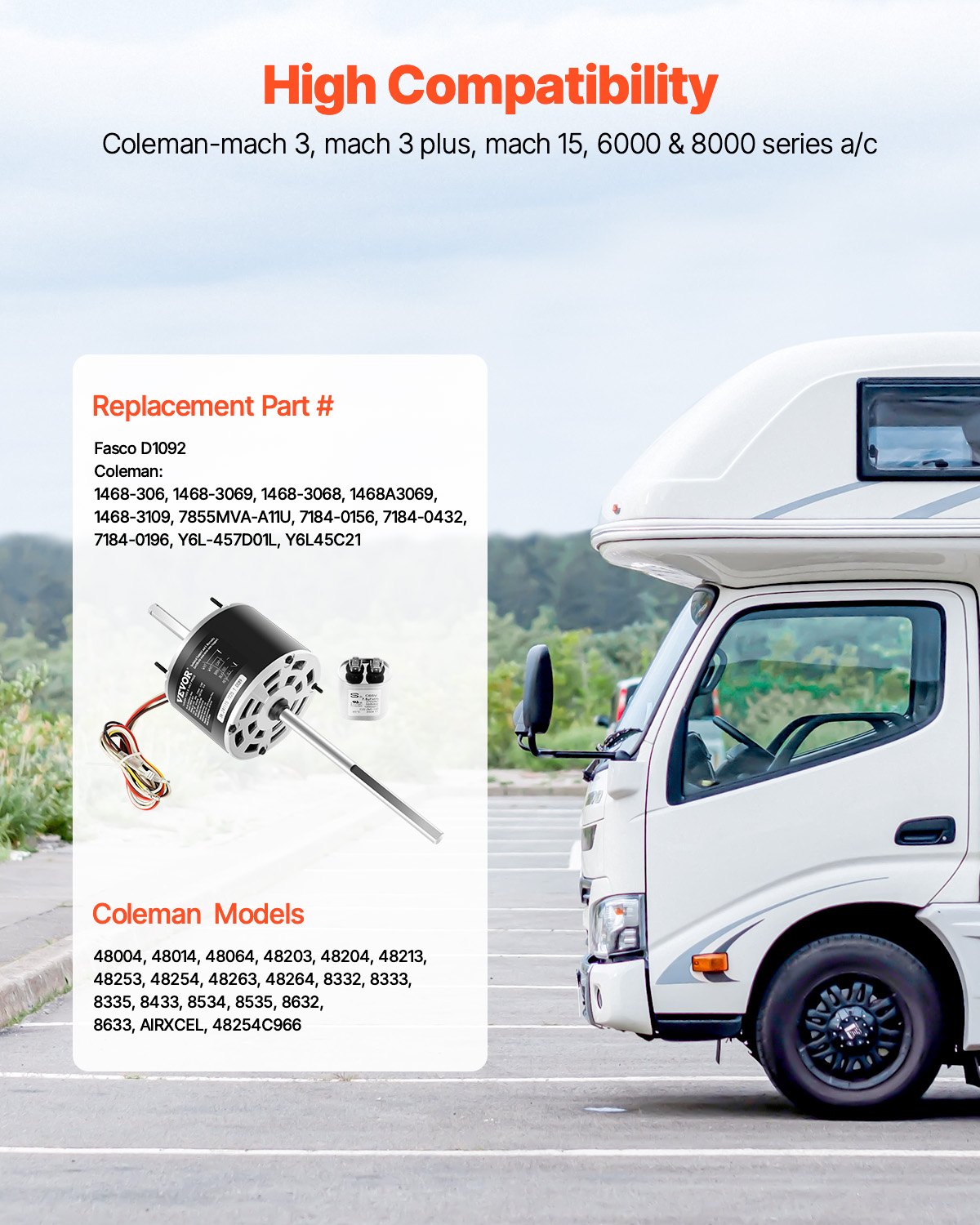 VEVOR 1/3HP RV Air Conditioner Motor with Capacitor, AC115V 3A, 1675 RPM, Replacement for Coleman Mach RV AC Fan Motor, Replaces Fasco D1092, 1468-306, 1468-3068, 1468-3069, 7184-0156, 7184-0432