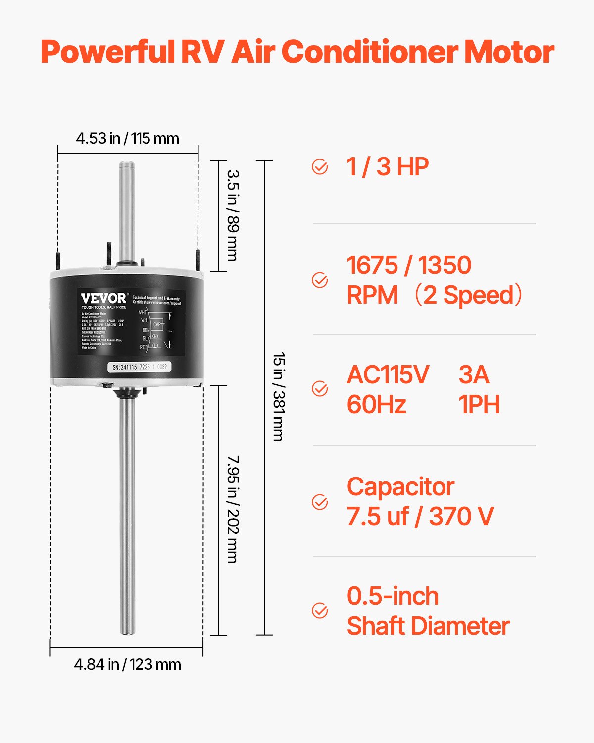 VEVOR 1/3HP RV Air Conditioner Motor with Capacitor, AC115V 3A, 1675 RPM, Replacement for Coleman Mach RV AC Fan Motor, Replaces Fasco D1092, 1468-306, 1468-3068, 1468-3069, 7184-0156, 7184-0432