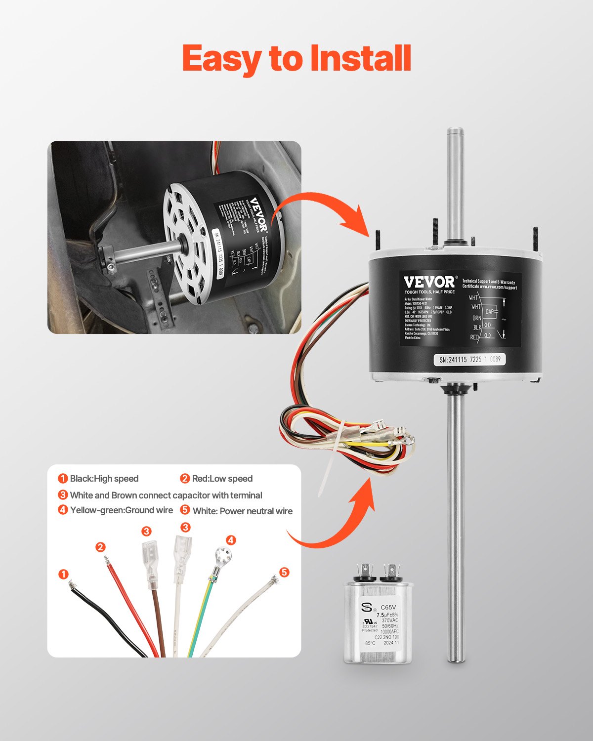 VEVOR 1/3HP RV Air Conditioner Motor with Capacitor, AC115V 3A, 1675 RPM, Replacement for Coleman Mach RV AC Fan Motor, Replaces Fasco D1092, 1468-306, 1468-3068, 1468-3069, 7184-0156, 7184-0432