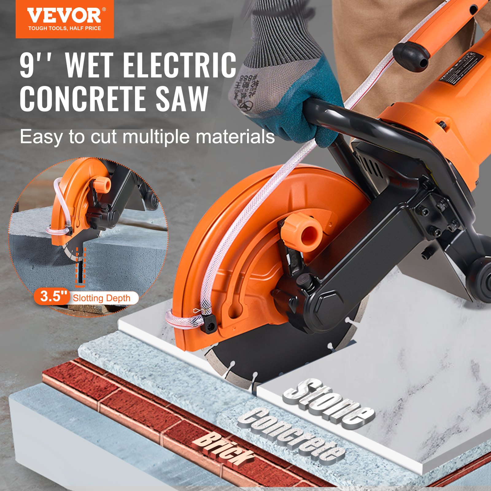 VEVOR 9"/22.9 cm Electric Concrete Saw Wet/Dry Saw Cutter with Water Pump and Blade