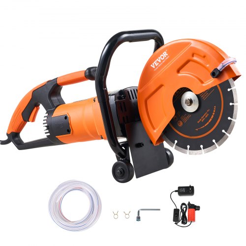 VEVOR Electric Concrete Saw, 9 in, 2000 W Motor Circular Saw Cutter with 3.5 in Cutting Depth, Wet/Dry Disk Saw Cutter Includes Water Line, Pump and Blade, for Stone, Brick
