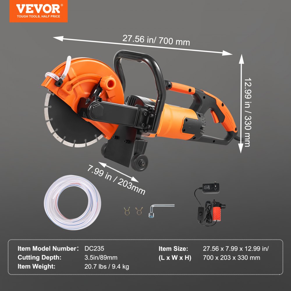 VEVOR Electric Concrete Saw, 23cm, 2000 W Motor Circular Saw Cutter with 89mm Cutting Depth, Wet/Dry Disk Saw Cutter Includes Water Line, Pump and Blade, for Stone, Brick