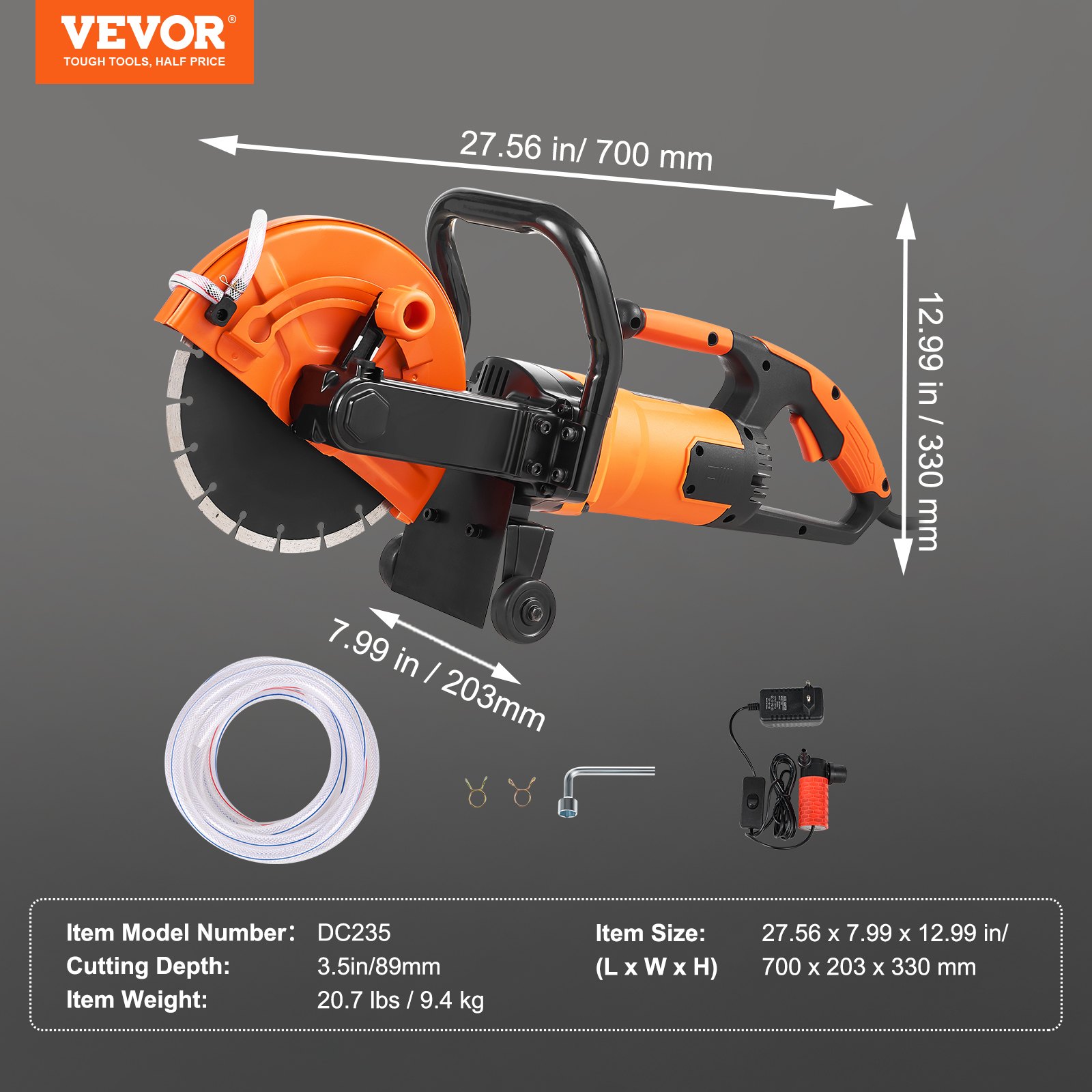 VEVOR Electric Concrete Saw, 23cm, 2000 W Motor Circular Saw Cutter with 89mm Cutting Depth, Wet/Dry Disk Saw Cutter Includes Water Line, Pump and Blade, for Stone, Brick