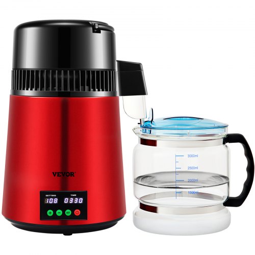 VEVOR 1.1Gal Water Distiller, 0.3Gal/H, 750W Distilled Water Maker Machine 0-99H Timing Setting Temp Display, 304 Stainless Steel Countertop Distiller Glass Carafe Cleaning Powder 3 Carbon Packs, Red