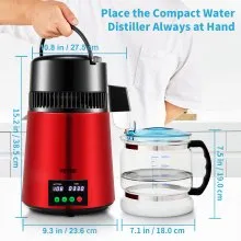 VEVOR 1.1Gal Water Distiller, 0.3Gal/H, 750W Distilled Water Maker Machine 0-99H Timing Setting Temp Display, 304 Stainless Steel Countertop Distiller Glass Carafe Cleaning Powder 3 Carbon Packs, Red