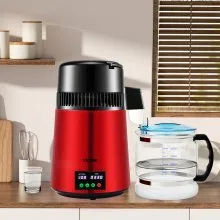 VEVOR 1.1Gal Water Distiller, 0.3Gal/H, 750W Distilled Water Maker Machine 0-99H Timing Setting Temp Display, 304 Stainless Steel Countertop Distiller Glass Carafe Cleaning Powder 3 Carbon Packs, Red