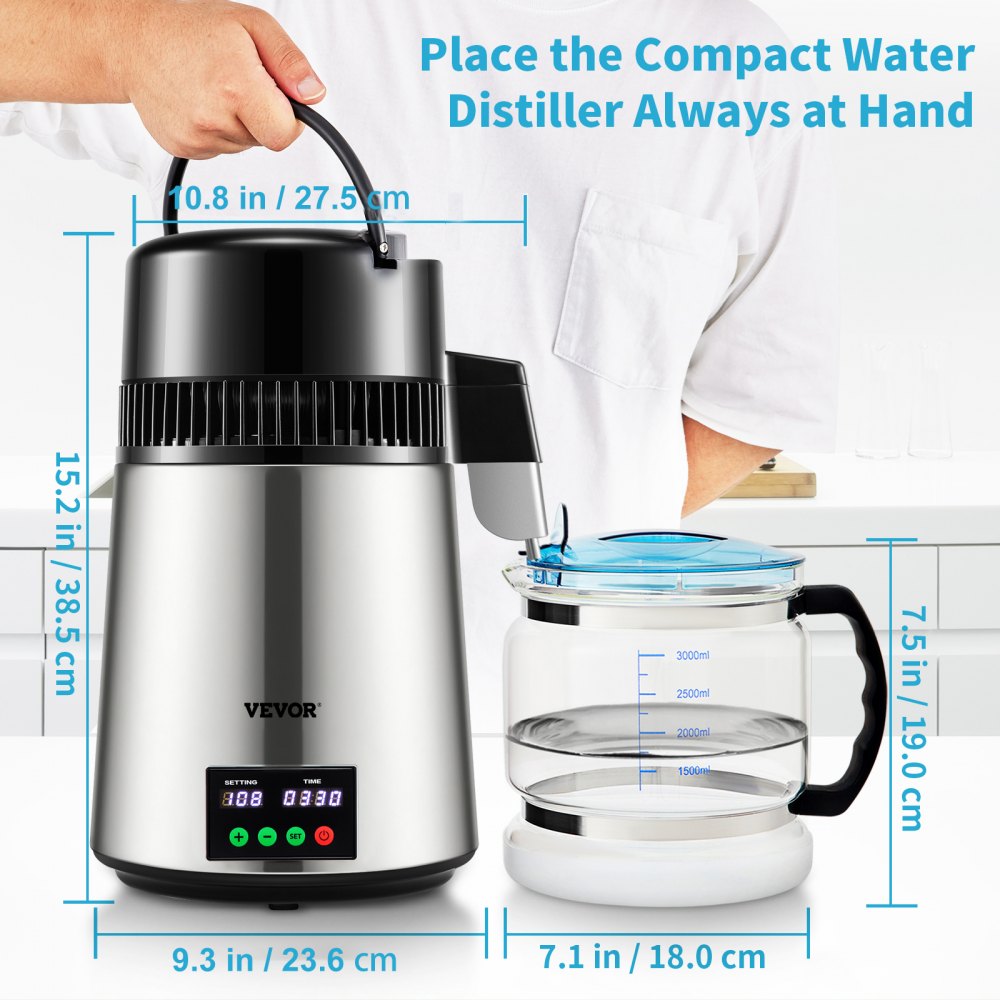 VEVOR 1.1 Gal Water Distiller 0.3 Gal/H 304 Stainless Steel Countertop Distiller Maker Machine 750W 0-99H Timing Set Temp Display, Distilled Water Glass Carafe Cleaning Powder 3 Carbon Packs, Silver