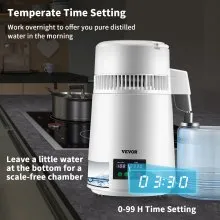 VEVOR 1.1Gal Water Distiller, 0.3Gal/H, 750W Distilled Water Maker Machine 0-99H Timing Set Temp Display, 304 Stainless Steel Countertop Distiller Plastic Carafe Cleaning Powder 3 Carbon Packs, White