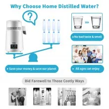 VEVOR 1.1Gal Water Distiller, 0.3Gal/H, 750W Distilled Water Maker Machine 0-99H Timing Set Temp Display, 304 Stainless Steel Countertop Distiller Plastic Carafe Cleaning Powder 3 Carbon Packs, White
