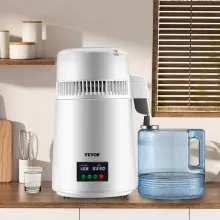 VEVOR 1.1Gal Water Distiller, 0.3Gal/H, 750W Distilled Water Maker Machine 0-99H Timing Set Temp Display, 304 Stainless Steel Countertop Distiller Plastic Carafe Cleaning Powder 3 Carbon Packs, White