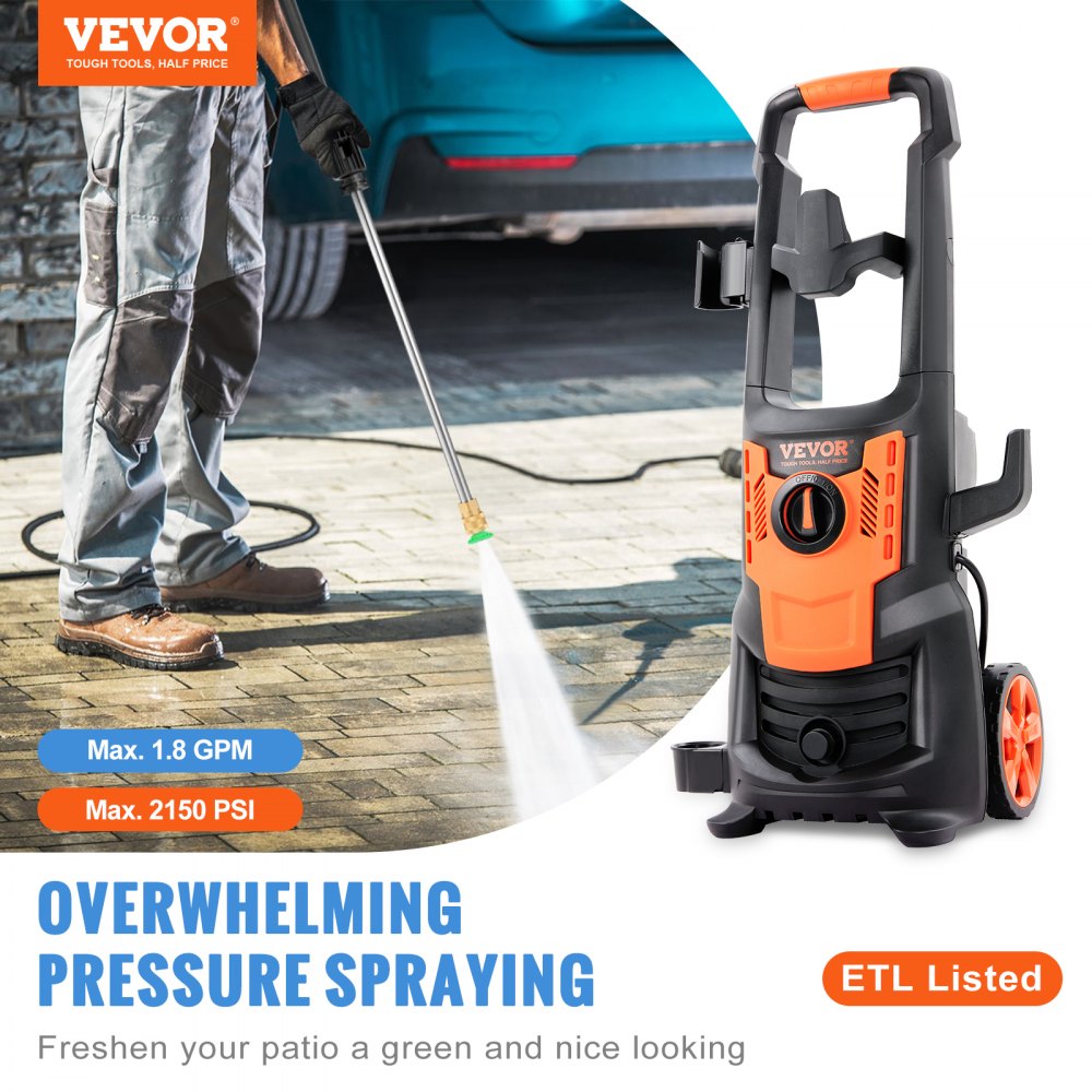 VEVOR Electric Pressure Washer, 2000 psi, Max. 1.76 GPM Power Washer w/ 30 ft Hose, 5 Quick Connect Nozzles, Foam Cannon, Portable to Clean Patios