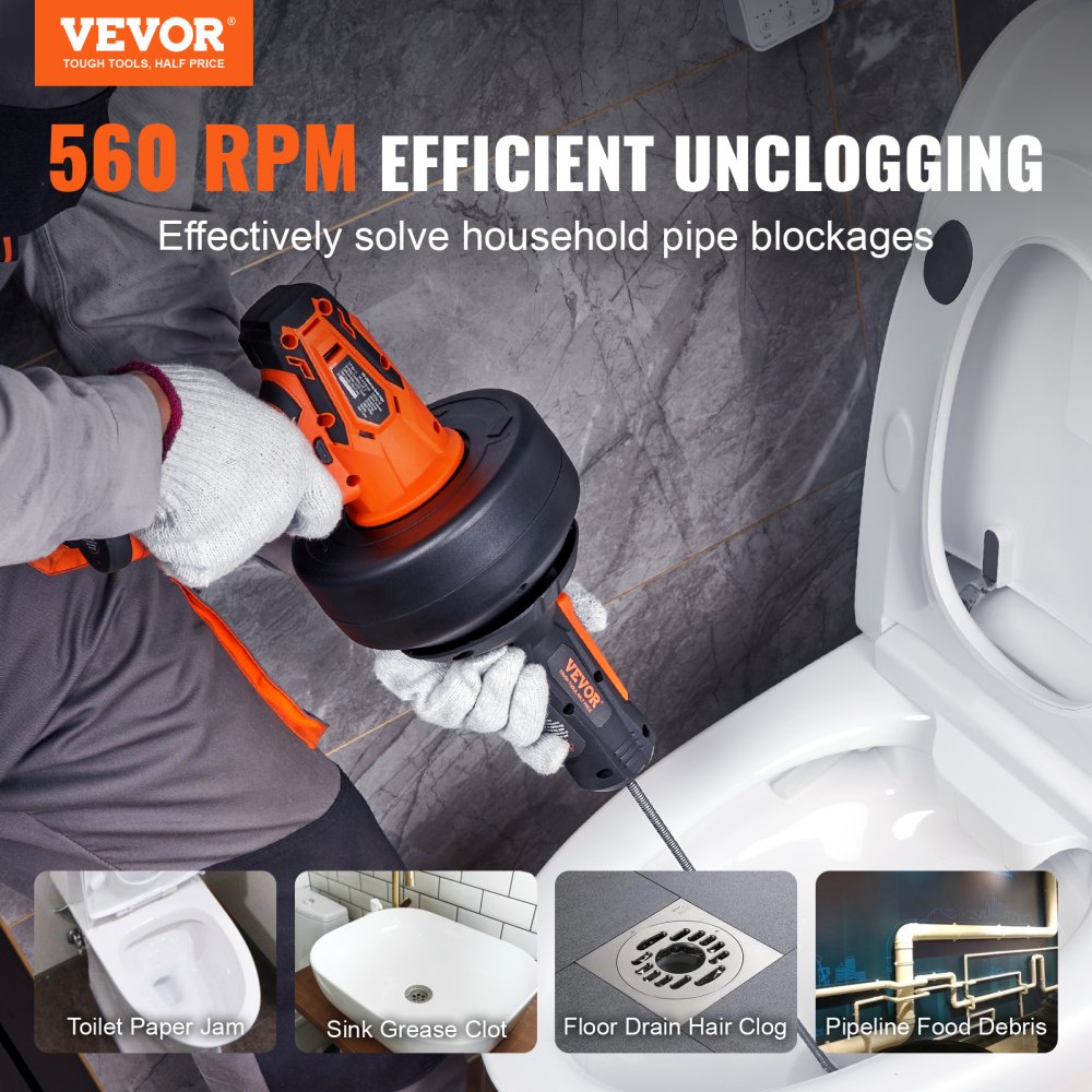 VEVOR 12V Electric Drain Cleaner, Pipe Cleaning Device, Cordless Plumbing Snake, Automatic Power Supply, 8m Pipe Snake Diameter 7mm Drain Unblocker for 19-50mm Pipes with Charger