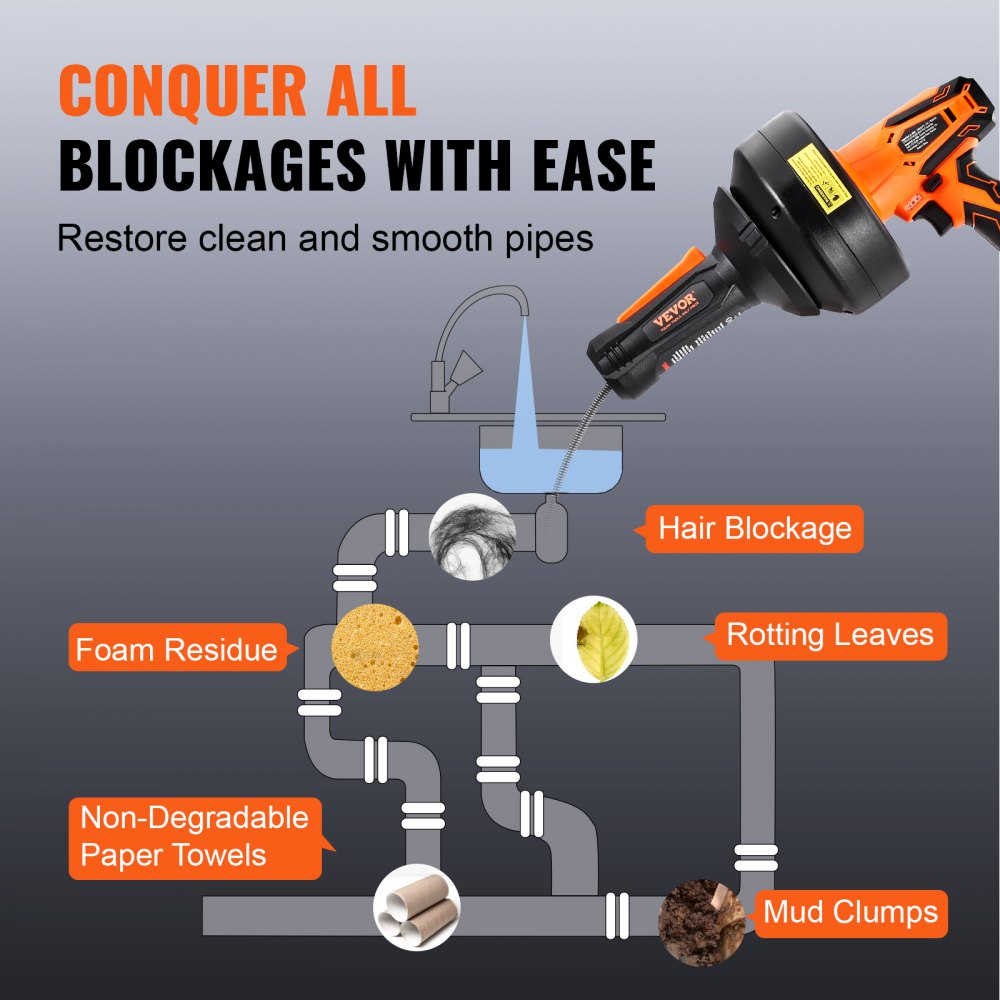 VEVOR 12V Electric Drain Cleaner, Pipe Cleaning Device, Cordless Plumbing Snake, Automatic Power Supply, 8m Pipe Snake Diameter 7mm Drain Unblocker for 19-50mm Pipes with Charger