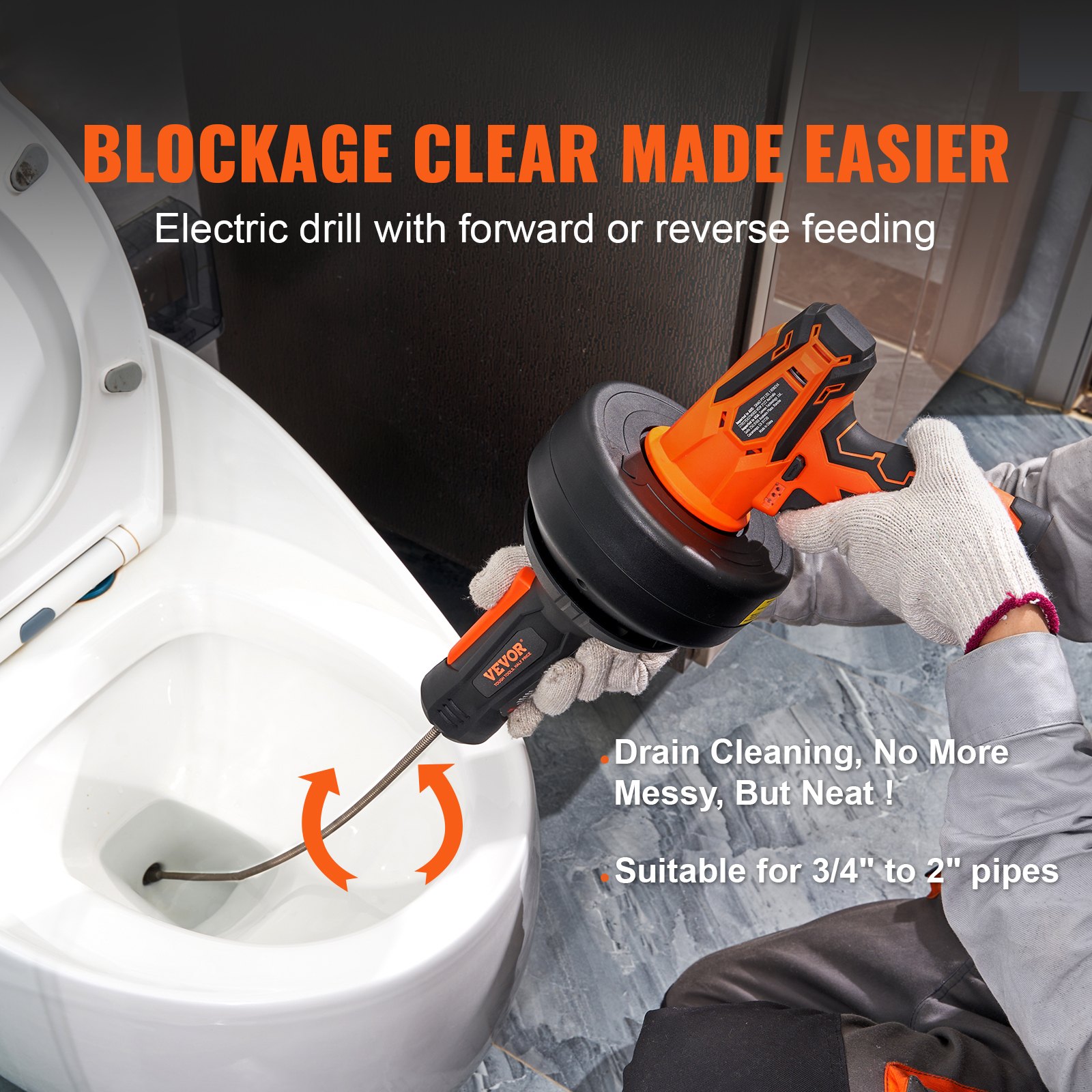 VEVOR 12V Electric Drain Cleaner, Pipe Cleaning Device, Cordless Plumbing Snake, Automatic Power Supply, 8m Pipe Snake Diameter 7mm Drain Unblocker for 19-50mm Pipes with Charger
