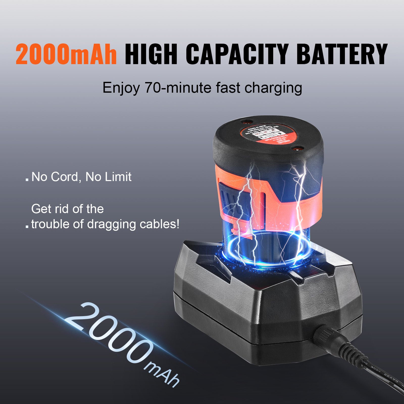 VEVOR 12V Electric Drain Cleaner, Pipe Cleaning Device, Cordless Plumbing Snake, Automatic Power Supply, 8m Pipe Snake Diameter 7mm Drain Unblocker for 19-50mm Pipes with Charger