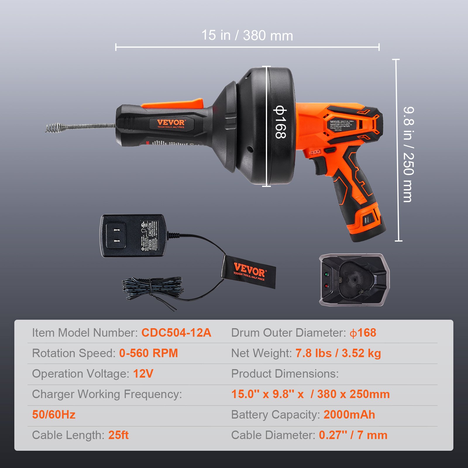 VEVOR 12V Electric Drain Cleaner, Pipe Cleaning Device, Cordless Plumbing Snake, Automatic Power Supply, 8m Pipe Snake Diameter 7mm Drain Unblocker for 19-50mm Pipes with Charger