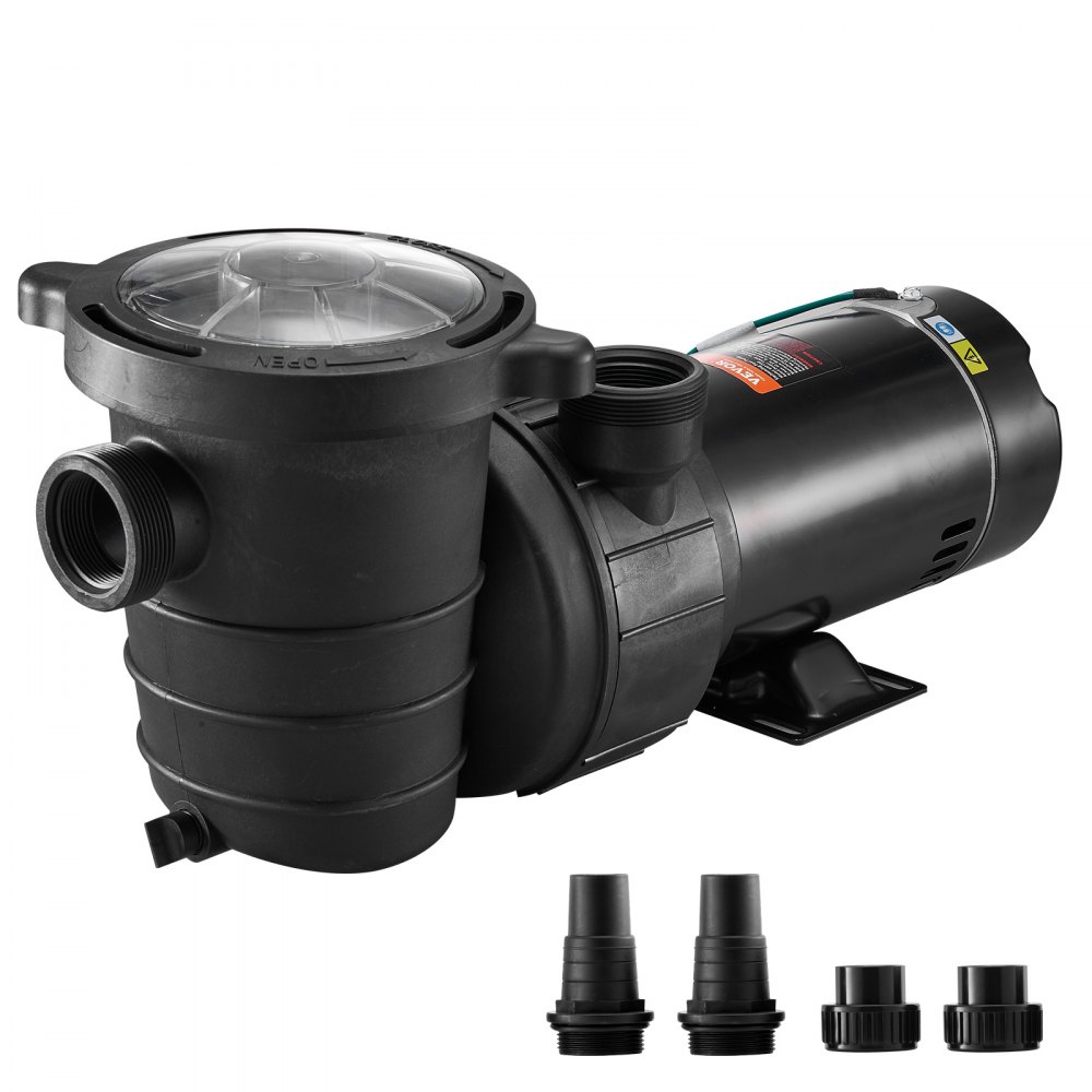 VEVOR swimming pool pump with three black fittings shown in front for connection.