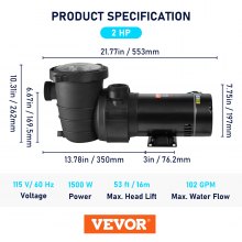 VEVOR Swimming Pool Pump, 2 HP 115 V, 1500 W Speed Pump for Above Ground Pool w/ Strainer Basket, 5400 GPH Max. Flow, Certification of ETL for Security