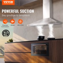 VEVOR Wall Mount Range Hood, Ductless Chimney-Style Kitchen Stove Vent, Stainless Steel Permanent Filter with 3-Speed Exhaust Fan, 2 Baffle Filters, LED Lights, Push Button, Silver (30 inch)