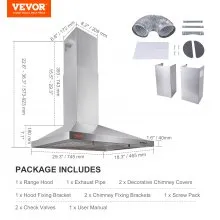 VEVOR Wall Mount Range Hood, Ductless Chimney-Style Kitchen Stove Vent, Stainless Steel Permanent Filter with 3-Speed Exhaust Fan, 2 Baffle Filters, LED Lights, Push Button, Silver (30 inch)