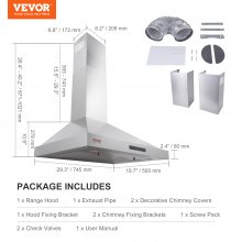 VEVOR Wall Mount Range Hood, Ductless Chimney-Style Kitchen Stove Vent, Stainless Steel Permanent Filter with 3-Speed Exhaust Fan, 2 Baffle Filters, LED Lights, Touch Control Panel (30 inch)