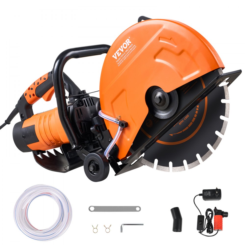 orange VEVOR concrete saw with black circular blade and various included accessories, ready for heavy-duty use.