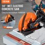 VEVOR concrete saw, 14" wet electric saw cutting stone, concrete, and brick with 5" slotting depth.