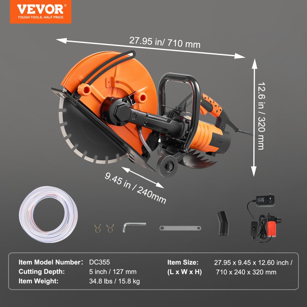 VEVOR 14"/35.6 cm Electric Concrete Saw Wet/Dry Saw Cutter with Water Pump and Blade