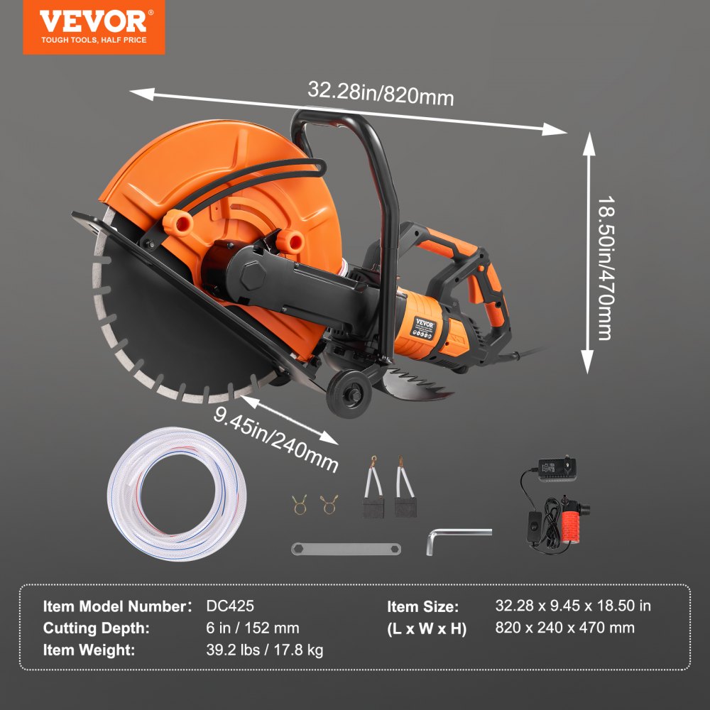 VEVOR 16"/40.6 cm Electric Concrete Saw Wet/Dry Saw Cutter with Water Pump and Blade