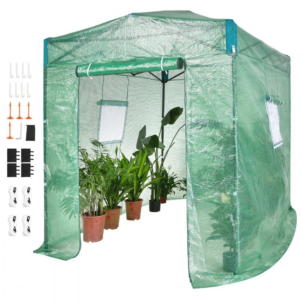 Invernadero emergente VEVOR, invernadero emergente de 8'x 6'x 7.5', configurado en minutos, cubierta de PE de alta resistencia con puertas y ventanas y marco de acero con recubrimiento en polvo, adecuado para plantar y almacenar, verde