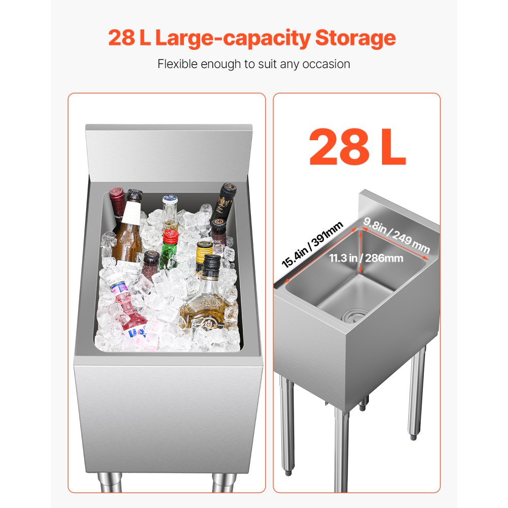 VEVOR Commercial Ice Bin, 28 L Underbar Ice Bin, 12 x 19 x 37 in Stainless Steel Ice Chest with Sliding Lid, Bottle Holders, Adjustable Bullet Feet, Cooler Cart Cocktail Unit for Bar Restaurant Pub
