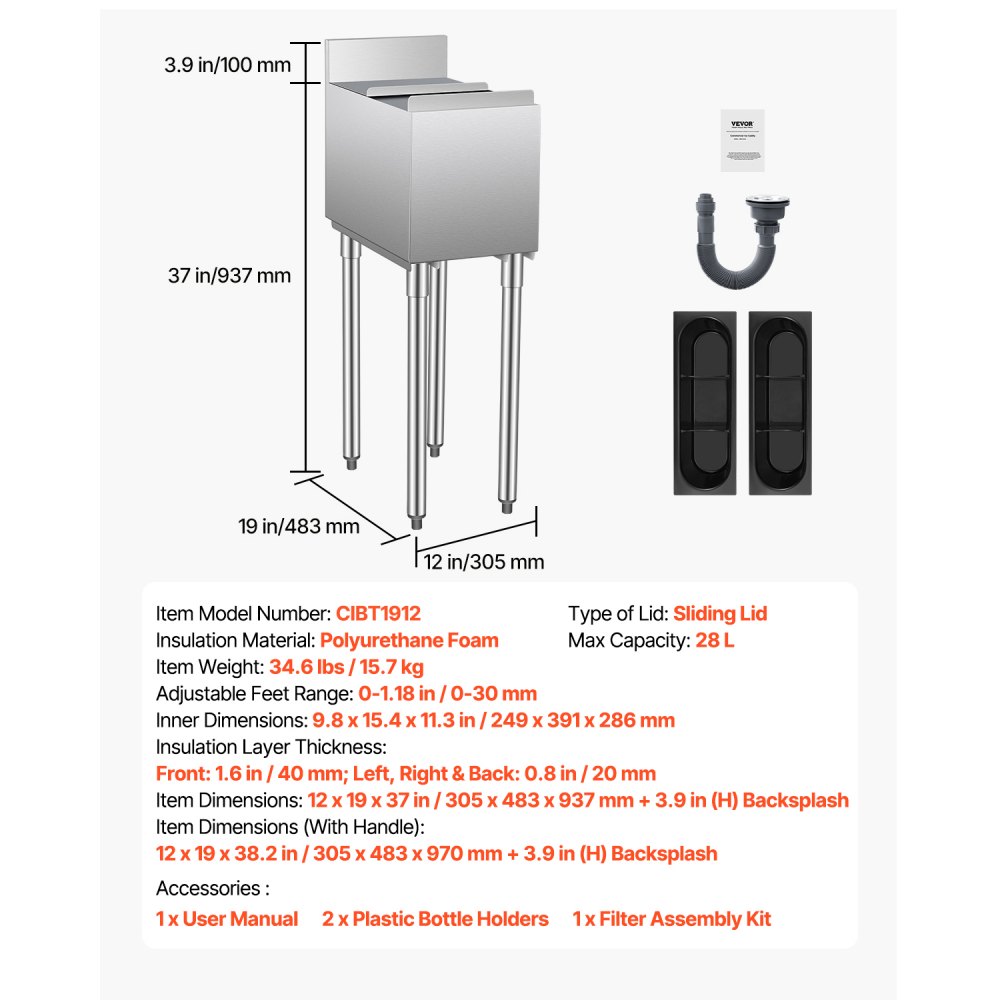 VEVOR Commercial Ice Bin, 28 L Underbar Ice Bin, 12 x 19 x 37 in Stainless Steel Ice Chest with Sliding Lid, Bottle Holders, Adjustable Bullet Feet, Cooler Cart Cocktail Unit for Bar Restaurant Pub